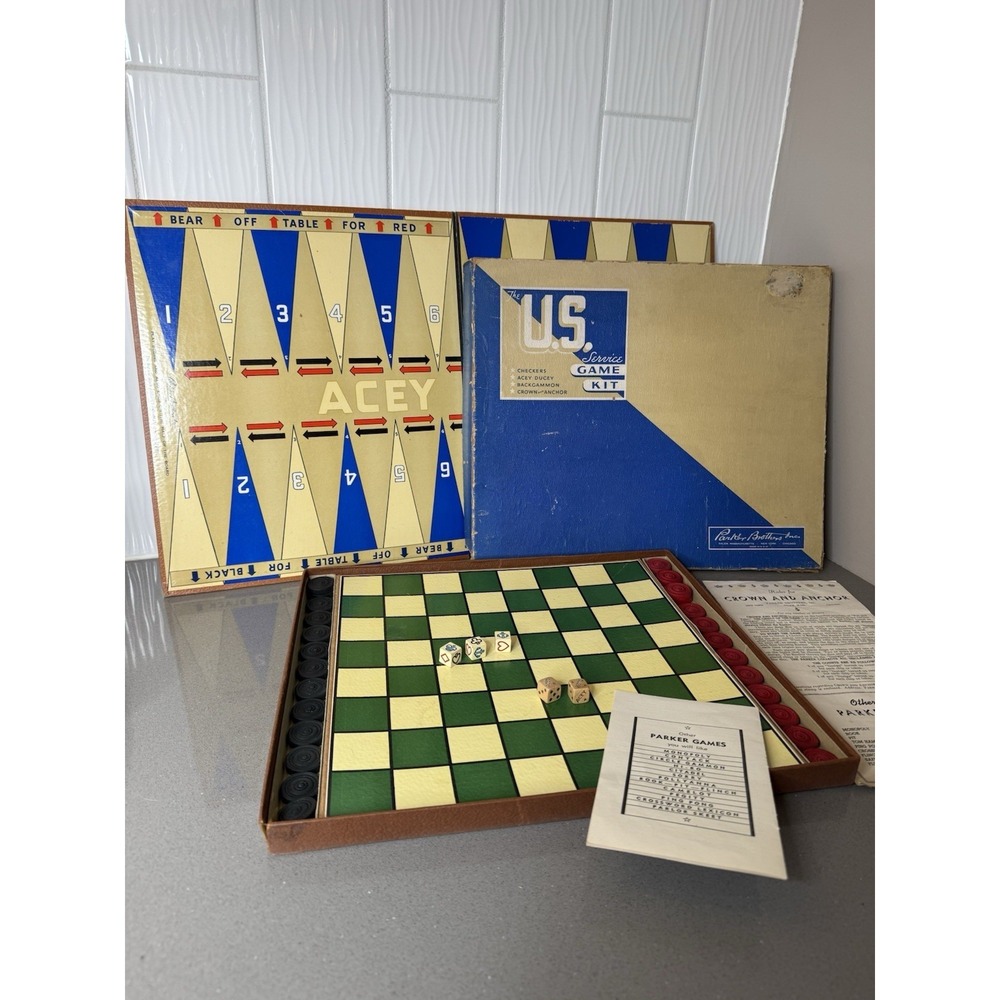 RARE WW2 era US Service Game Kit Board Dice Checkers Backgammon Parker Brothers